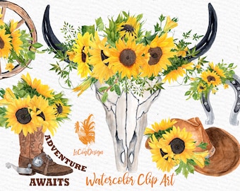 Sunflower Clipart: &quot;WESTERN SLIPART&quot; Cowboy clipart Bull Skull clipart Boots Hat clipart Adventure Awaits Sunflower Bouquets Sublimation Png