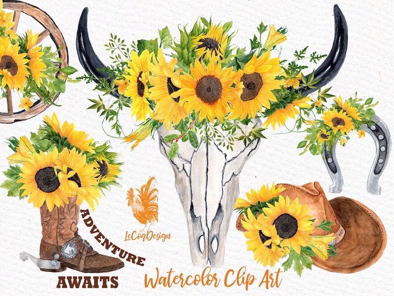 May include: Watercolor clip art featuring a cow skull with sunflowers, a cowboy boot, a horseshoe, a cowboy hat, and a wagon wheel. The words "Adventure Awaits" are included. The image has a rustic, country theme.
