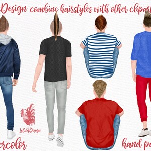 May include: Four watercolor illustrations of men with different hairstyles and clothing. The men are wearing jeans, a blue jacket, a striped shirt, a red shirt, and a blue shirt. The illustrations are hand-painted and have a watercolor effect.