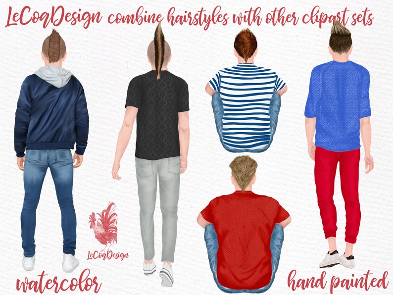 May include: Four watercolor illustrations of men with different hairstyles and clothing. The men are wearing jeans, a blue jacket, a striped shirt, a red shirt, and a blue shirt. The illustrations are hand-painted and have a watercolor effect.