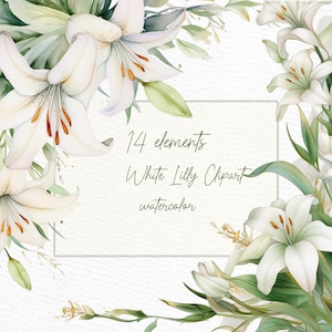 "Weiße Lilie Blumen Clipart: ""LILY BOUQUETS PNG"" Aquarell Blumen Eukalyptus und Lillies Clipart Floral Borders Vorgefertigte Hochzeitsblumen."