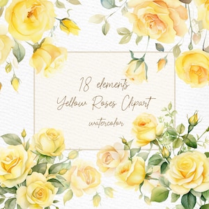 Clipart roses aquarelles : « ROSES JAUNES PNG » Aquarelles fleurs Faire-part de mariage Fleurs roses jaunes bordures florales Modèles préfabriqués