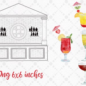 Peut inclure: Un dessin au trait noir et blanc d'un bar en briques avec une fen&ecirc;tre ronde. Il y a quatre illustrations &agrave; l'aquarelle de cocktails avec des garnitures de fruits et des parapluies. Les cocktails sont une boisson jaune et orange en couches, une boisson rouge avec un quartier de citron, une boisson jaune de type champagne et une boisson au vin rouge.
