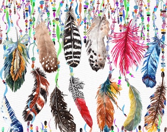 Feathers Watercolor Clipart: "FEATHERS CLIP ART" Tribal clipart wedding clipart Boho style Diy elements wedding invitations Indian clipart