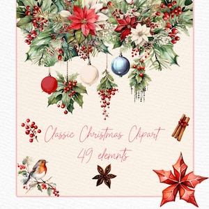 Pacote de clipart de Natal: "CLIPART DE NATAL EM AGUARELA" Buquês de Natal Clássico Natal Fronteira de Natal Guirlandas de Natal Sublimação