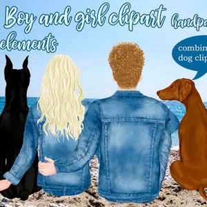 May include: Hand-painted digital clipart of a couple and two dogs. The couple is wearing denim jackets and the girl has long blonde hair. The dogs are a black and brown breed. The text "Boy and girl clipart handpainted 54 elements combine with dog clipart set" is in the image.