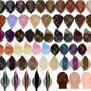 May include: A collection of 50 digital illustrations of different hairstyles, including various colors and styles. The illustrations are in a cartoon style and are perfect for use in digital projects.