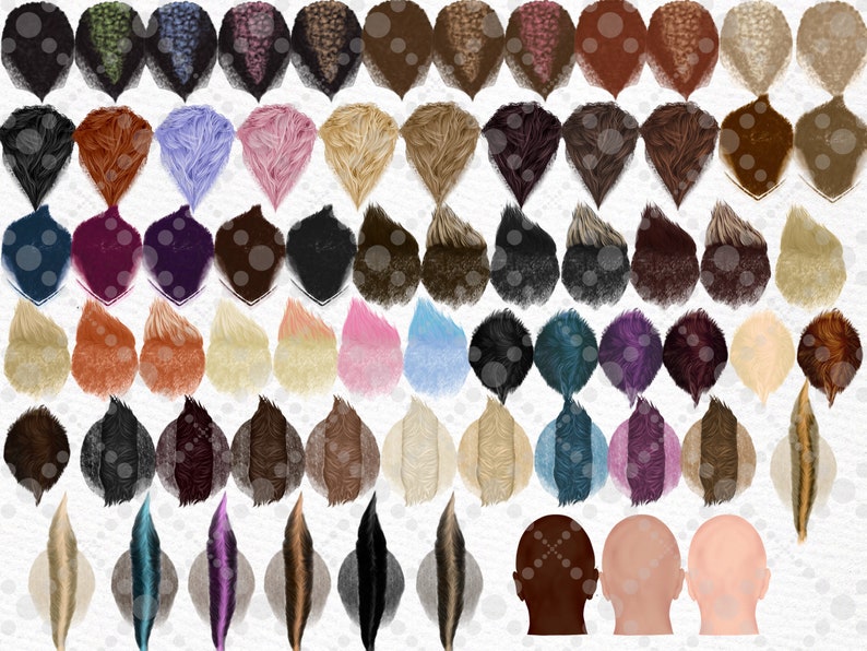 May include: A collection of 50 digital illustrations of different hairstyles, including various colors and styles. The illustrations are in a cartoon style and are perfect for use in digital projects.