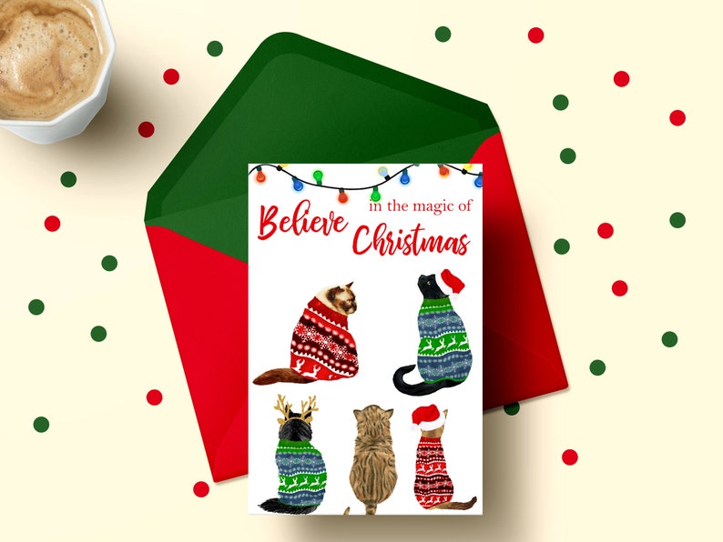 May include: Christmas card with the text "Believe in the magic of Christmas" and a design of five cats wearing festive sweaters. The cats are in various poses, including sitting, standing, and looking up.