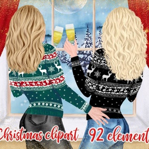 Christmas Girls Clipart: "BEST FRIEND CLIPART" Diseño de taza navideña Clipart personalizable Bff clipart Suéteres a juego Paisaje navideño