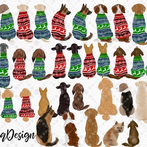 May include: A collection of 36 digital illustrations of dogs wearing festive Christmas sweaters. The dogs are in various breeds and poses, all facing forward. The sweaters are in a variety of colors and patterns, including red, green, blue, and white. The illustrations are in a cartoon style and have a whimsical feel.
