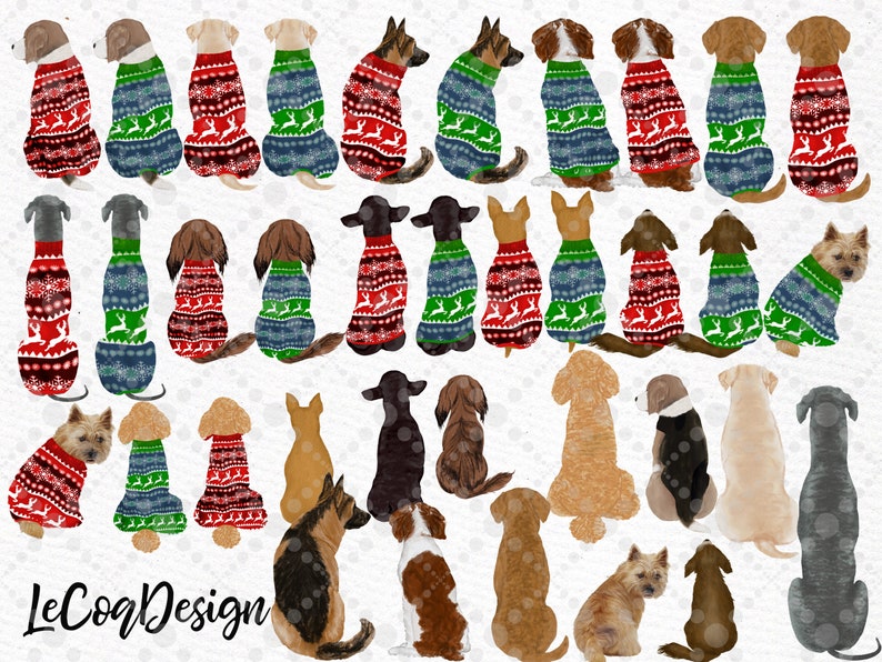 May include: A collection of 36 digital illustrations of dogs wearing festive Christmas sweaters. The dogs are in various breeds and poses, all facing forward. The sweaters are in a variety of colors and patterns, including red, green, blue, and white. The illustrations are in a cartoon style and have a whimsical feel.