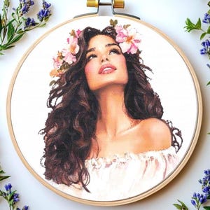 Girl with Flowers Cross Stitch Pattern: Portrait (PDF Pattern)