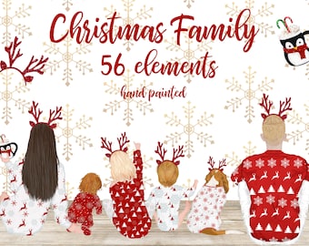 Christmas Family Clipart: &quot;WATERCOLOR FAMILY CLIPART&quot; Family sitting Christmas pajamas Parents and Kids Planner Graphic Christmas Mug design