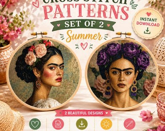 Frida Kahlo Kreuzstichmuster PDF: Mexikanisches Mädchen mit Blumen Porträt (PDF-Muster)