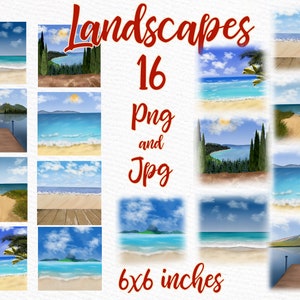 Clipart Paysages d’été: « PAYSAGES DE PLAGE » Toile de fond de plage Paysages personnalisés Mug Design Lake Dock paysage Été Arrière-plan Mug modèle