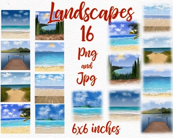 Summer Landscapes clipart: "BEACH LANDSCAPES" Beach backdrop Custom Landscapes Mug Design Lake Dock landscape Summer Background Mug template