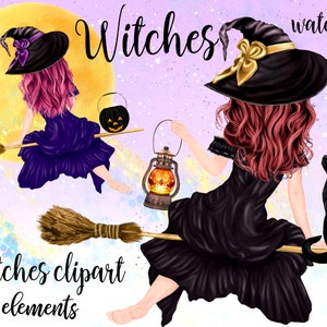 Halloween clipart: "WITCHES CLIPART" Vliegende Heksen Heksen op de bezem Halloween Mok Heksenhoed Heksenbezem Halloween meisjes Heks clipart