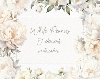 Watercolor White Peony Clipart: Rustic Floral Elements (Digital Download)