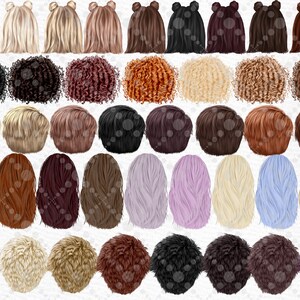 Op de afbeelding: Een set van 40 verschillende kapsels voor digitaal ontwerp. De kapsels zijn in verschillende kleuren, waaronder blond, bruin, zwart, rood en paars. De kapsels zijn allemaal in rugzicht.
