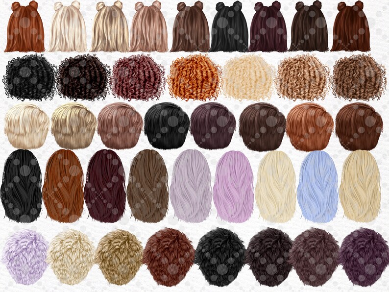 Op de afbeelding: Een set van 40 verschillende kapsels voor digitaal ontwerp. De kapsels zijn in verschillende kleuren, waaronder blond, bruin, zwart, rood en paars. De kapsels zijn allemaal in rugzicht.