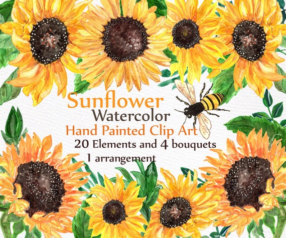 Sunflower watercolor clip art: "FLORAL CLIP ART" wedding clip art hand painted clipart rustic wedding yellow flowers diy elements