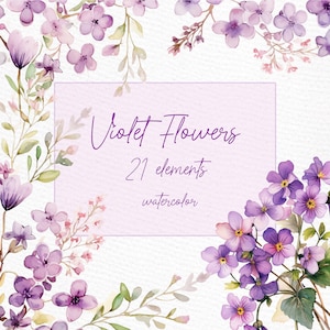 Imágenes Prediseñadas de flores violetas: "CLIPART DE FLORES DE ACUARELA" Flores de primavera Violeta Floral Clipart Flor violeta silvestre Premade Clipart Bordes florales