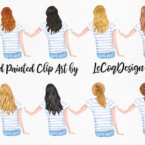 May include: Digital illustration of six women with different hair colors and styles, wearing blue jeans and a striped blue and white shirt. The women are facing away from the viewer and are holding hands. The text "Hand Painted Clip Art by LeCoqDesign" is at the bottom of the image.