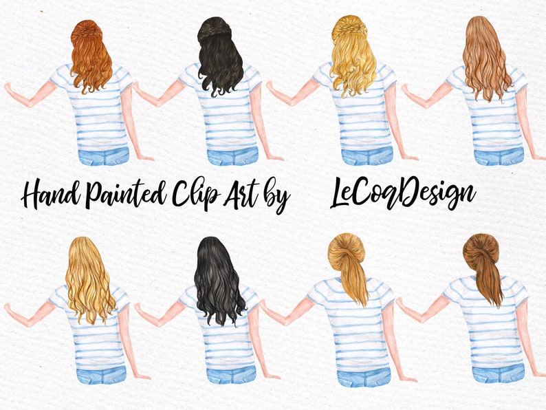 May include: Digital illustration of six women with different hair colors and styles, wearing blue jeans and a striped blue and white shirt. The women are facing away from the viewer and are holding hands. The text "Hand Painted Clip Art by LeCoqDesign" is at the bottom of the image.