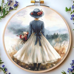 Girl with Flowers Cross Stitch Pattern: Elegant Women Embroidery (PDF Pattern)