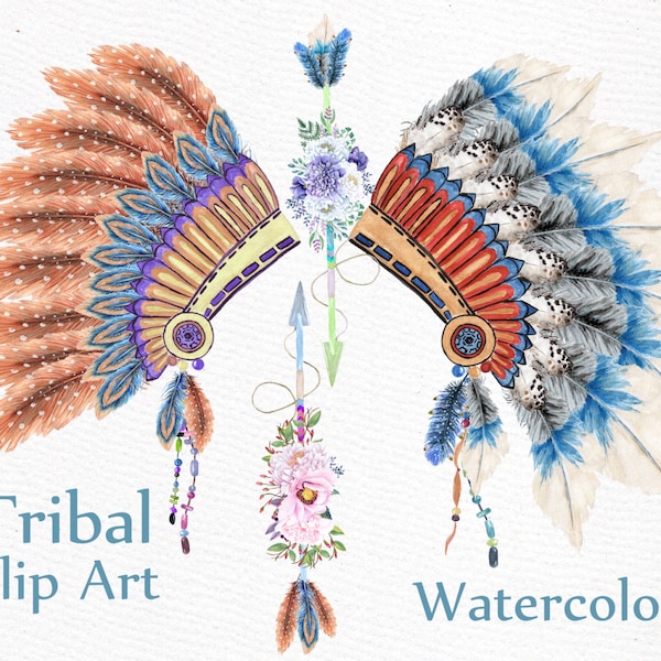 Clipart tribal aquarelle : « TRIBAL CLIP ART » aquarelle flèche clipart coiffe Boho clipart clipart bricolage clipart indien mariage clipart