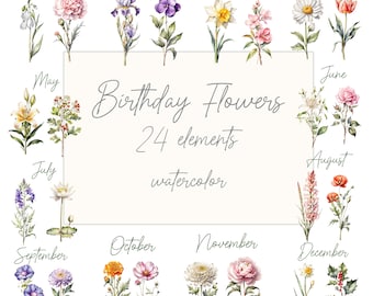 May include: A watercolor illustration of 24 birthday flowers, one for each month of the year. The flowers are arranged in a grid with the month name above each flower. The text "Birthday Flowers 24 elements watercolor" is in the center of the image.