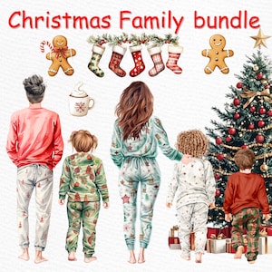 Clipart famille de Noël : « CLIPART DE FAMILLE » Famille d'hiver Famille en pyjama Sapin de Noël Png Invitation graphique de Noël pour parents et enfants