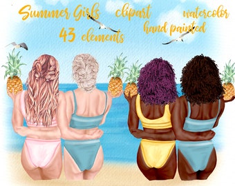 Summer girls clipart: "BEACH GIRLS CLIPART" Swimwear girl Pineapple clipart  Beach time Beach backgrounds Best friend clipart Girls on beach
