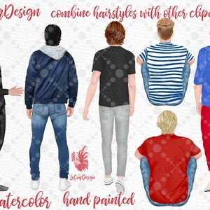May include: Five watercolor illustrations of men in different poses and clothing. The men are wearing jeans, a black jacket, a striped shirt, a blue shirt, and a red shirt. The illustrations are hand-painted and have a watercolor effect.