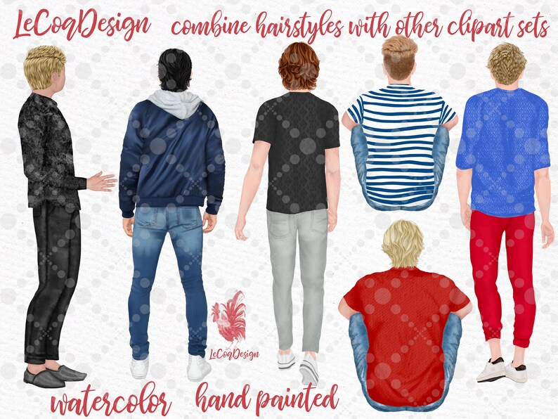 May include: Five watercolor illustrations of men in different poses and clothing. The men are wearing jeans, a black jacket, a striped shirt, a blue shirt, and a red shirt. The illustrations are hand-painted and have a watercolor effect.