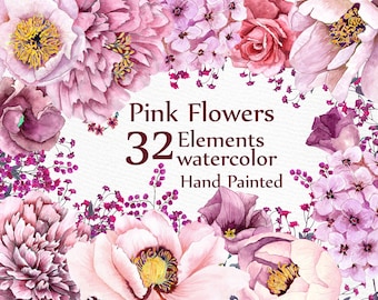 Rosa Blumen Clipart: "Aquarell CLIPART" Floral Cliparts rosa Aquarell Diy lädt Grußkarten Hochzeit Blumen Aquarell Blumen