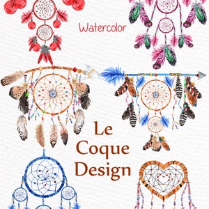 May include: Six watercolor dreamcatchers with feathers and beads. The dreamcatchers are in various colors, including red, pink, blue, brown, and green. The text "Dreamcatchers 6 Elements Watercolor Le Coque Design" is written on the image.