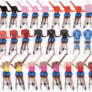 Peut inclure: Illustration num&eacute;rique de 20 femmes assises sur des tabourets de bar, les bras lev&eacute;s. Les femmes portent diff&eacute;rents hauts, dont des d&eacute;bardeurs noirs, rouges, roses, bleus et jaunes. Elles portent toutes des shorts en jean et des talons hauts rouges.
