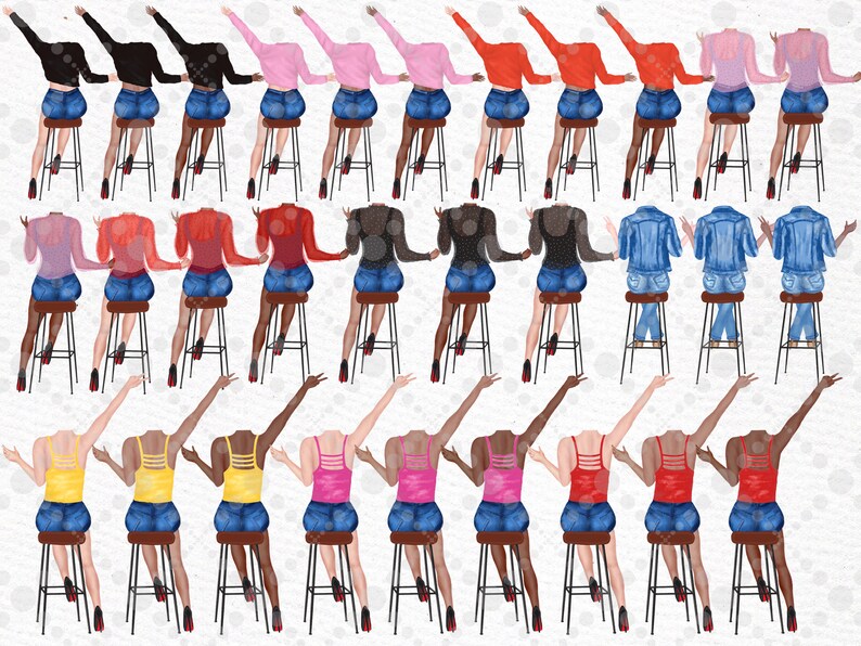 Peut inclure: Illustration num&eacute;rique de 20 femmes assises sur des tabourets de bar, les bras lev&eacute;s. Les femmes portent diff&eacute;rents hauts, dont des d&eacute;bardeurs noirs, rouges, roses, bleus et jaunes. Elles portent toutes des shorts en jean et des talons hauts rouges.
