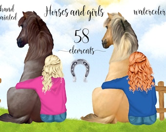 May include: Watercolor illustration of two horses with girls hugging them. The horses are brown and blonde. The girls are wearing pink and blue shirts. The text "Horses and girls" and "58 elements" is written on the image.