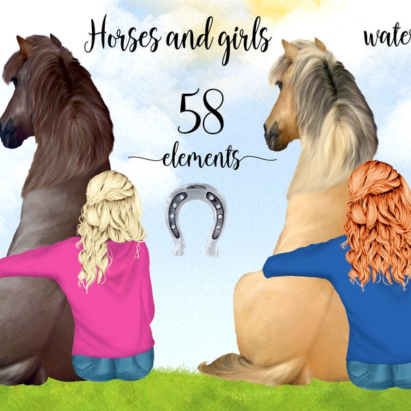 Girl with Horse clipart: "HORSES CLIPART" Horse sitting Girl hugging Horse Horse Lovers Gift  Customizable clipart Horse sublimation