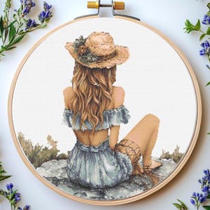 Romantic Girl with Flowers Cross Stitch Pattern (PDF)