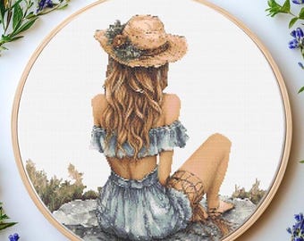 Romantic Girl with Flowers Cross Stitch Pattern (PDF)