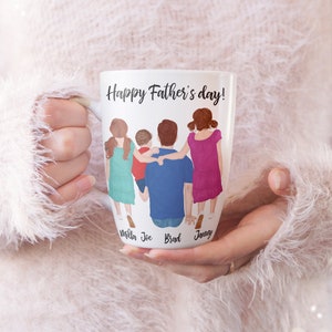 May include: White ceramic mug with a colorful illustration of a family of five, including a dad, mom, and three children. The text "Happy Father's Day!" is printed on the mug. The names "Milla, Joe, Brad, and Jimmy" are printed below the illustration.