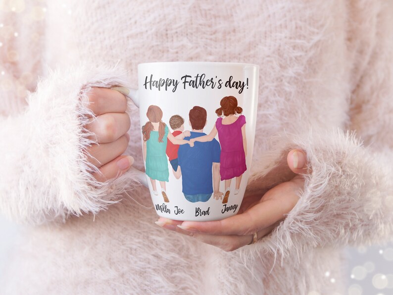 May include: White ceramic mug with a colorful illustration of a family of five, including a dad, mom, and three children. The text "Happy Father's Day!" is printed on the mug. The names "Milla, Joe, Brad, and Jimmy" are printed below the illustration.