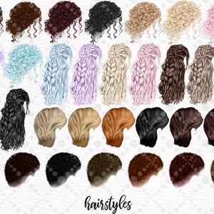 May include: A set of 36 digital illustrations of different hairstyles in various colours, including blonde, brown, black, red, pink, blue, and purple. The hairstyles are all drawn in a cartoon style and are perfect for use in digital art projects.