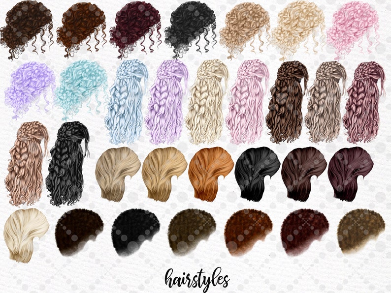 May include: A set of 36 digital illustrations of different hairstyles in various colours, including blonde, brown, black, red, pink, blue, and purple. The hairstyles are all drawn in a cartoon style and are perfect for use in digital art projects.
