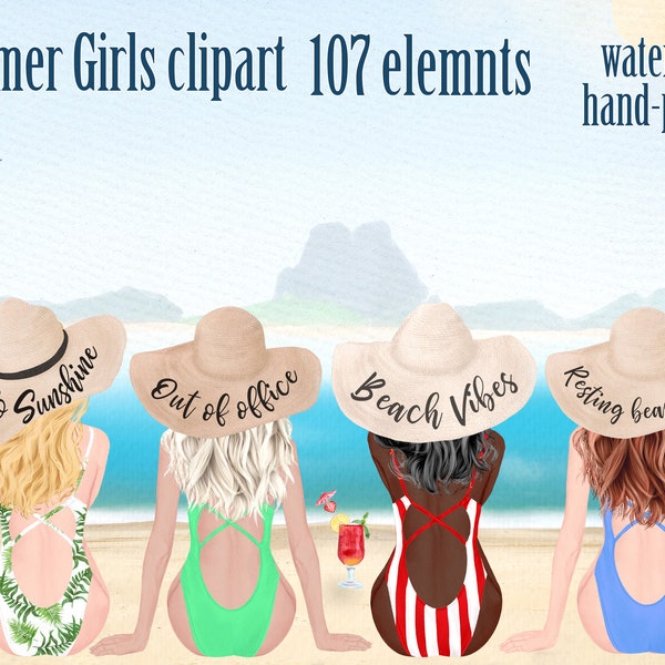 Summer Girls Clipart: "BEACH GIRLS CLIPART" Beste Freunde Clipart Sommer Grafiken Strand Strohhut Bademode Mädchen Badesuiten Sommerbecher Png