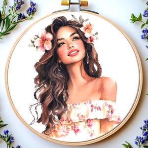 Girl With Flowers Cross Stitch Pattern: Portrait Design (PDF Pattern)